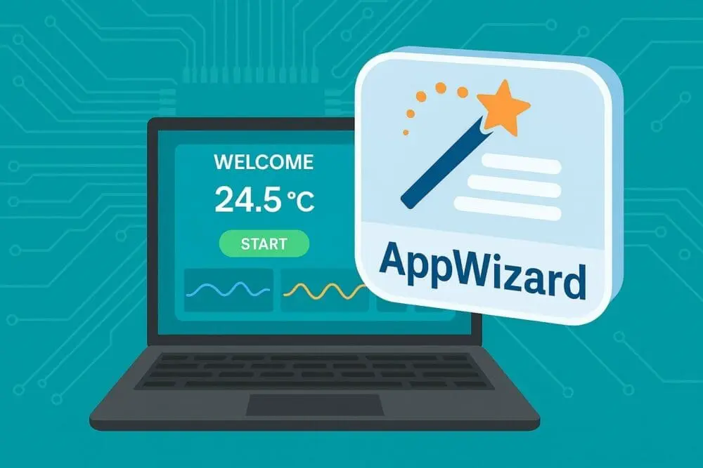 AppWizard GUI development tool by SEGGER shown in a stylized digital interface illustration