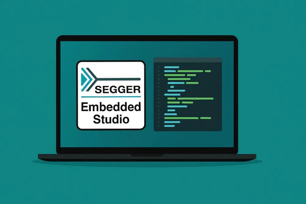 SEGGER Embedded Studio logo op een turquoise achtergrond (#007780), als uitgelichte afbeelding voor een WordPress productpagina