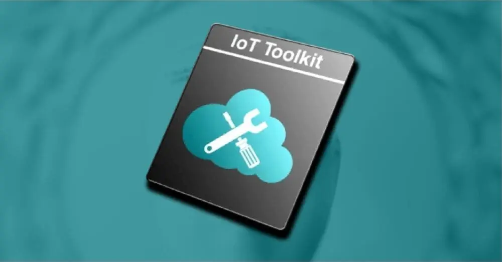 Graphic badge labeled "IoT Toolkit" showing a light blue cloud with a white wrench and screwdriver crossed over it, representing a library collection for embedded systems that facilitates communication with IoT devices. Designed to highlight high performance, low memory usage, and cross-device versatility.