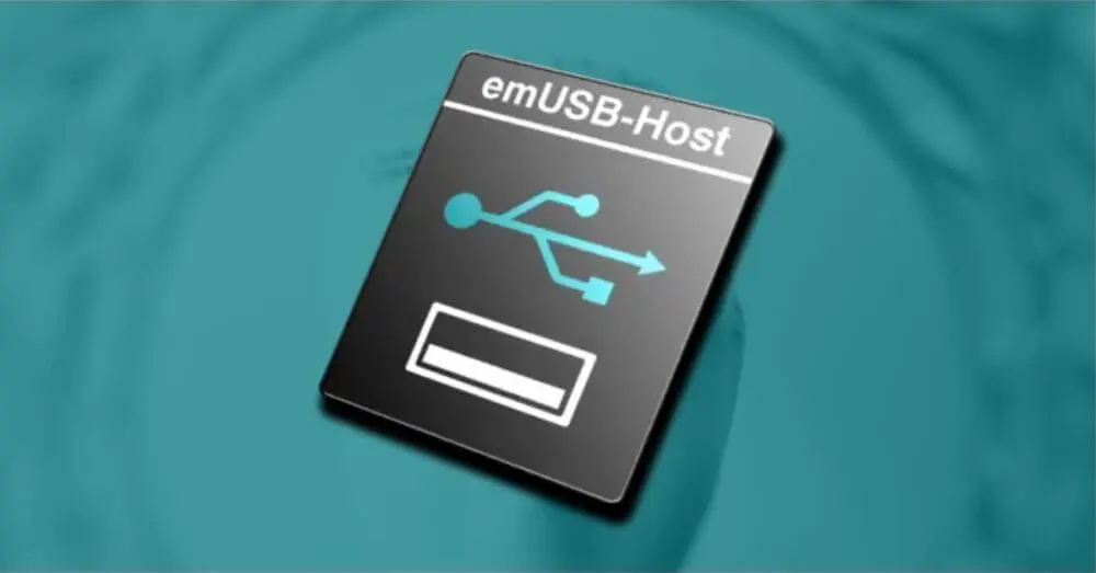 emUSB-Host logo on a black module with USB symbol, shown against a teal background – visual representation of USB host functionality for embedded systems