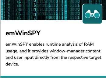 SEGGER emWinSPY showing runtime RAM analysis and window manager content from a target device.