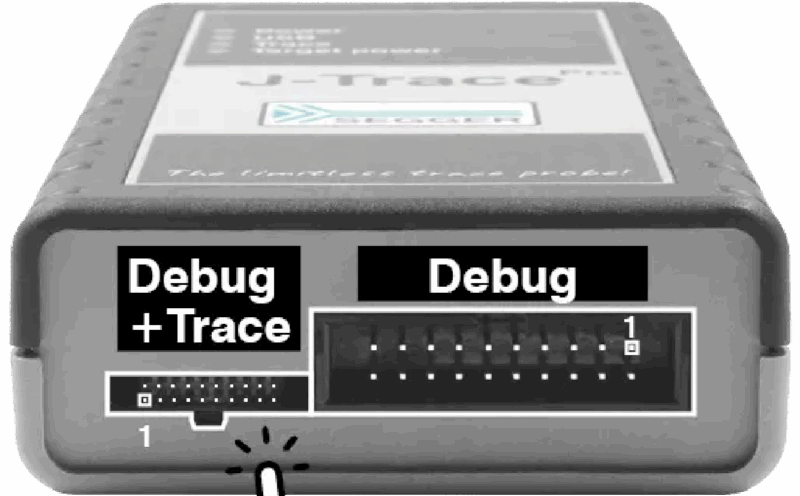 Front view of the SEGGER J-Trace PRO showing Debug + Trace and Debug connectors for JTAG/SWD and trace interfaces
