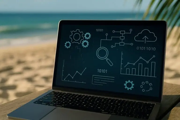 Laptop with data visualization on screen at the beach, symbolizing Percepio Tracealyzer Summer Offer 2025