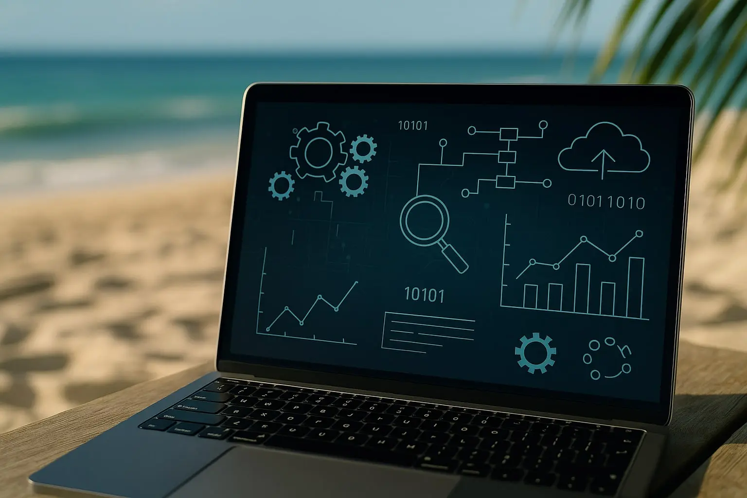 Laptop with data visualization on screen at the beach, symbolizing Percepio Tracealyzer Summer Offer 2025