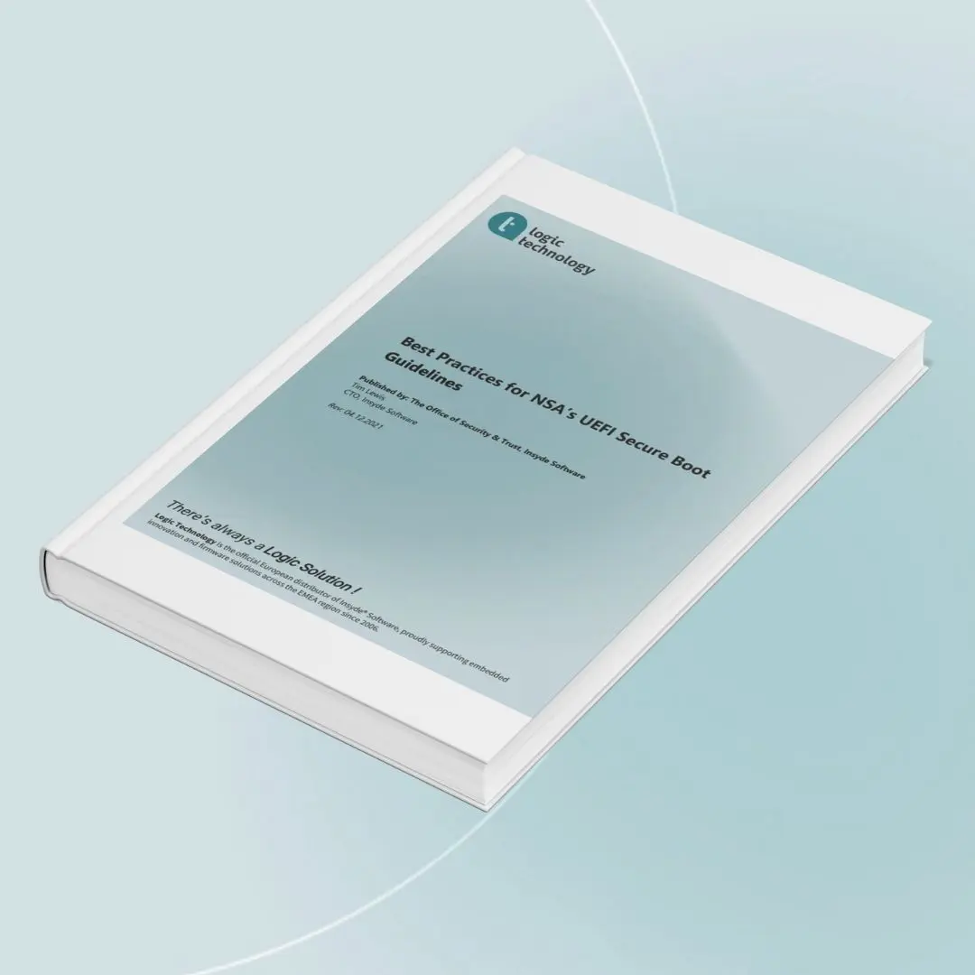 Mock-up of the free PDF “Best Practices for NSA’s UEFI Secure Boot Guidelines” by Insyde Software, available from Logic Technology, highlighting firmware security and UEFI Secure Boot best practices.