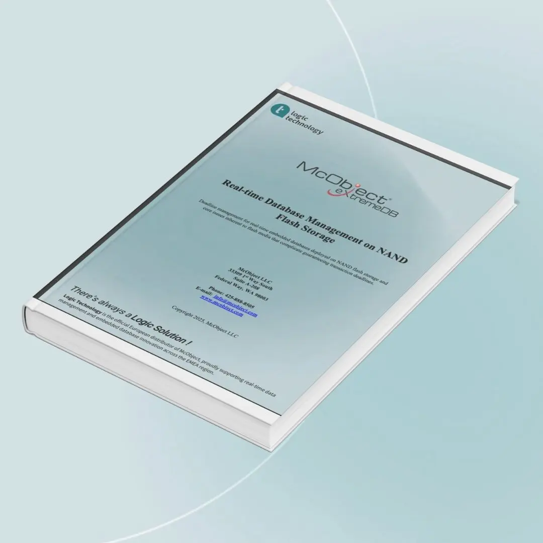 Mock-up of the free PDF “Real-time Database Management on NAND Flash Storage” by McObject, available from Logic Technology, highlighting deadline management and real-time database performance for embedded systems.