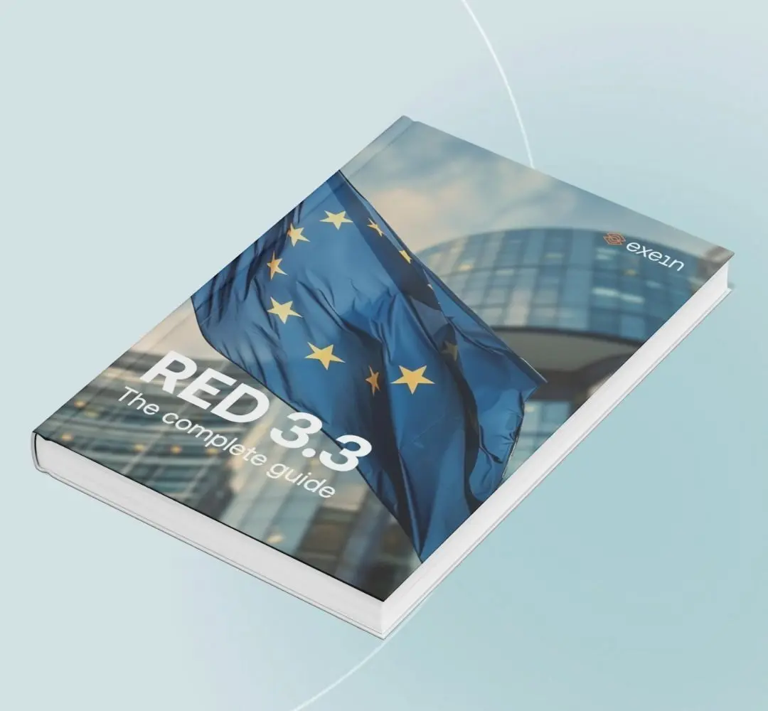 Mock-up of the Exein RED 3.3 Guide cover showing the EU flag and modern office buildings — representing compliance with the new European Radio Equipment Directive for embedded and IoT cybersecurity.