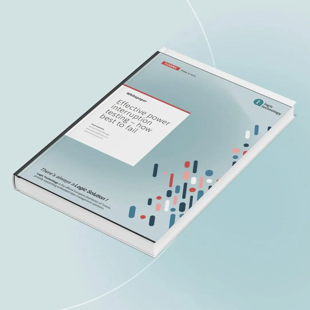 Mock-up of the free Tuxera whitepaper “Effective power interruption testing – how best to fail,” showing the cover design and title.