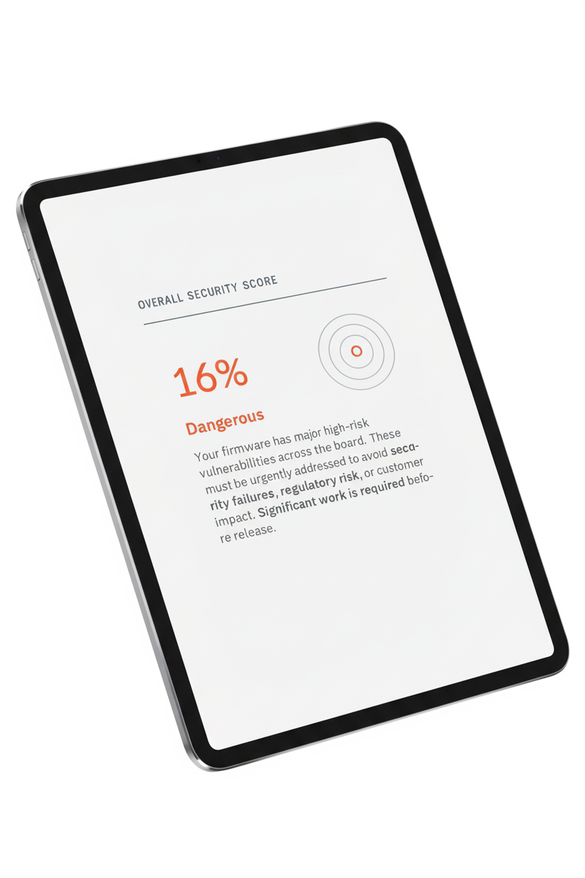 Tablet scherm met een firmware security scan die een overall security score van 16 procent toont, inclusief melding dat de embedded software ernstige kwetsbaarheden bevat die directe aandacht vereisen.