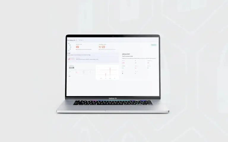 A MacBook Pro displaying a cybersecurity compliance dashboard titled ‘Cyber Resilience Act.’ The screen shows a compliance score of 4%, 1 of 23 requirements passed, and a critical risk level with 2,228 total vulnerabilities. A section on the right lists the top 8 software licenses used, including EPL, ISC, and Apache 2.0.