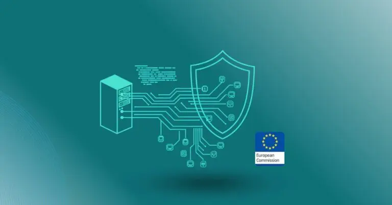 Abstract technical illustration of a secure server and shielded network infrastructure in Logic Technology brand colors, featuring the European Commission logo to represent EU software liability compliance.