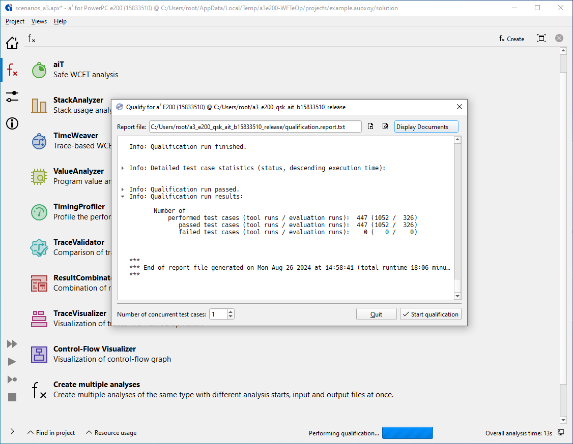 AbsInt aiT qualification run results showing validated timing analysis and test case execution statistics