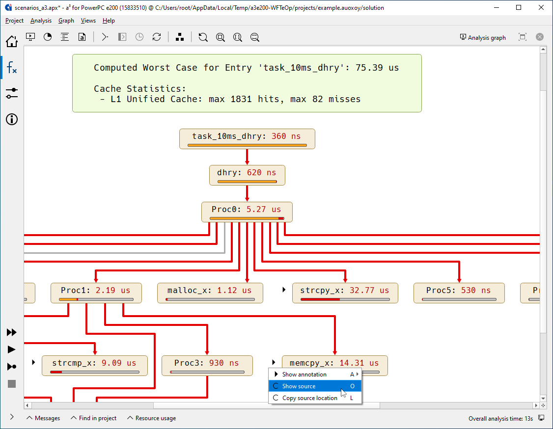 AbsInt aiT WCET analysis results showing call graph with execution times and worst-case paths for embedded software functions