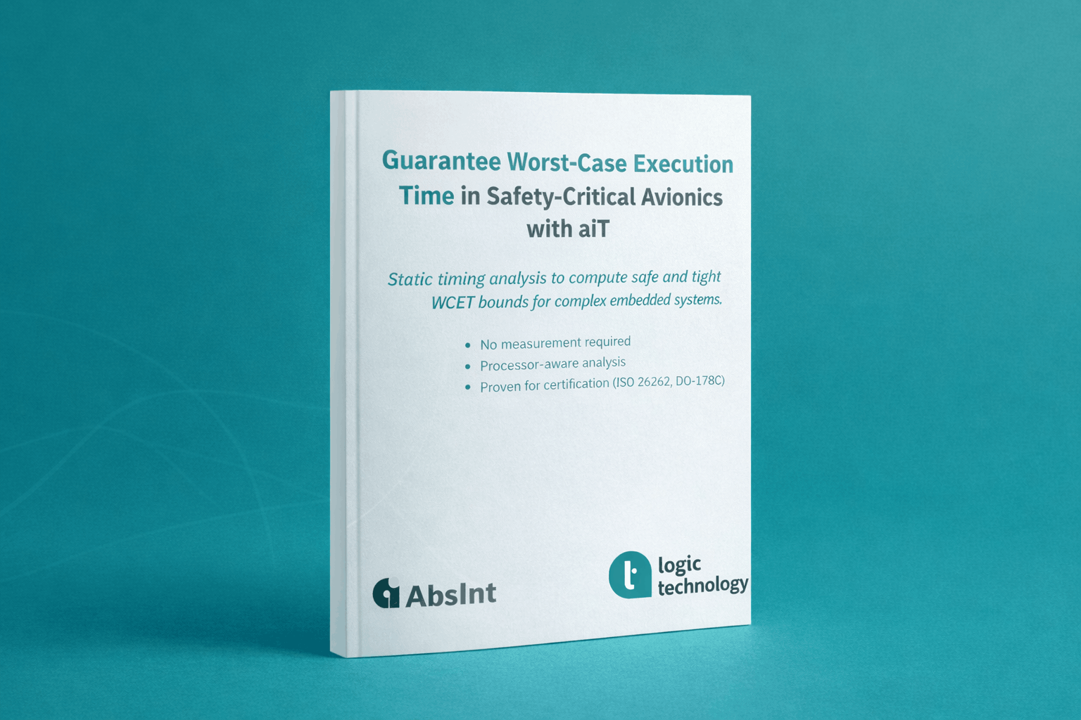 Thin whitepaper mockup of the aiT avionics WCET case study with AbsInt and Logic Technology logos on a teal cover, positioned next to a lead generation form