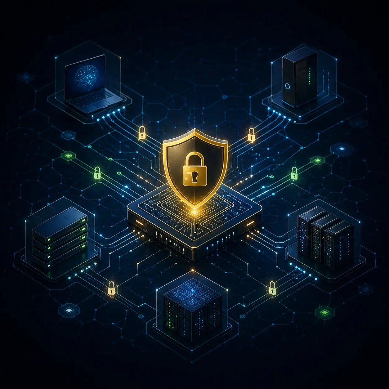Security shield with padlock on a circuit board, connected to servers and data centers via a glowing network, representing platform root of trust