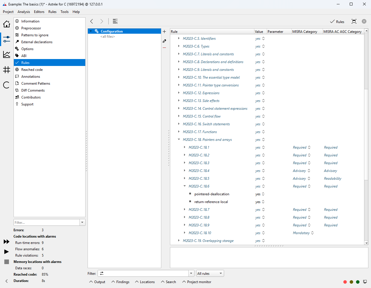 AbsInt RuleChecker dashboard showing coding guideline findings, rule categories and compliance analysis results for embedded software