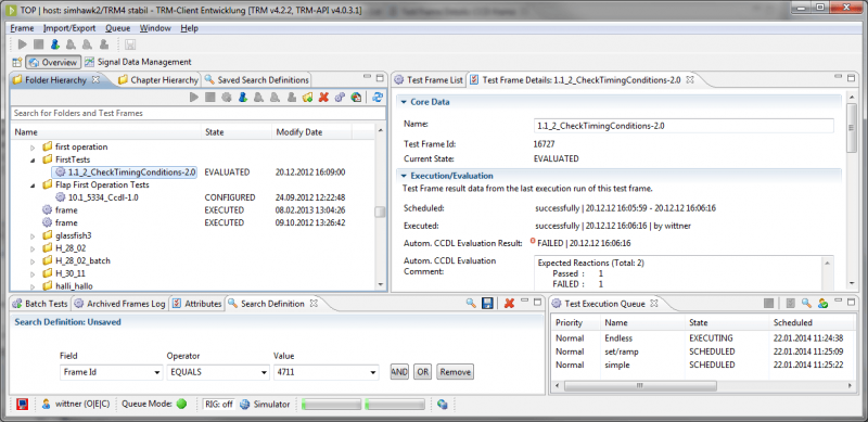 CCDL system-level testing tool interface showing requirements-based test specification and execution for embedded software
