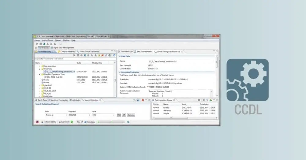 CCDL system-level testing tool interface showing requirements-based test specification and execution for embedded software