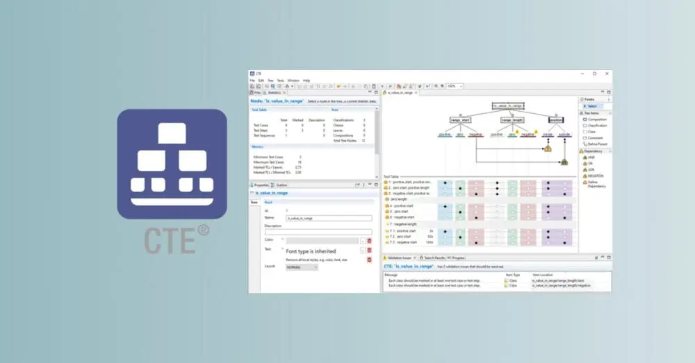CTE Classification Tree Editor for systematic test design, showing structured test case creation and test coverage visualization