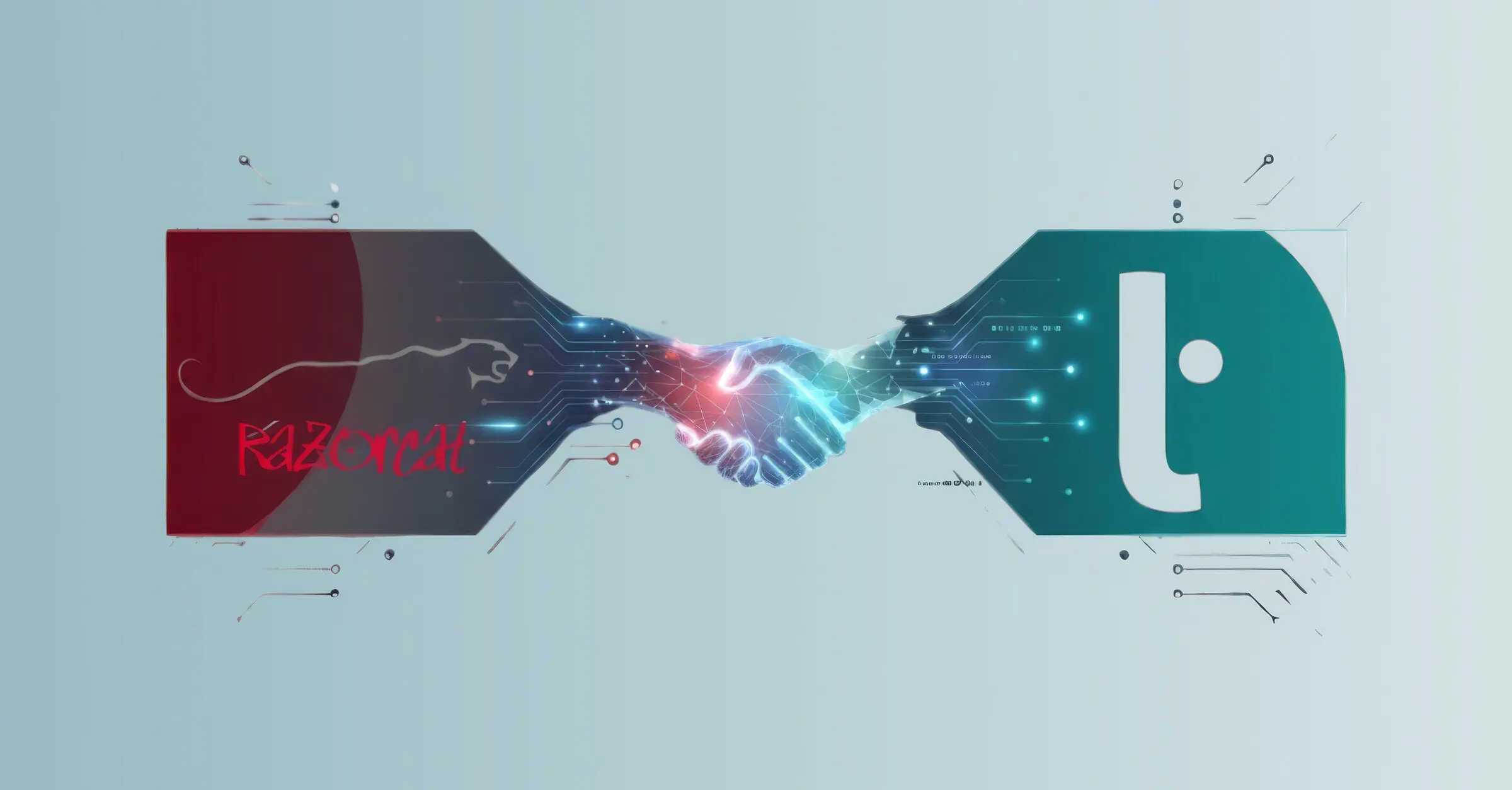 Razorcat and Logic Technology partnership visual showing both company logos connected by a digital handshake illustration.