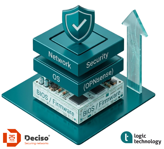 Three-layer embedded system stack showing BIOS firmware, OPNsense OS and network security layers, with a verified shield on top, representing the Deciso and Logic Technology firmware as a service partnership