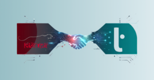 Illustrated visual of the Razorcat and Logic Technology distribution partnership, showing both company brand identities connected by a digital handshake on a light blue background