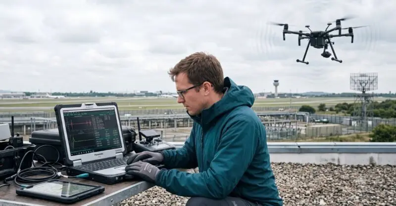Embedded engineer monitoring drone navigation diagnostics during a test flight, highlighting how reliable embedded software and data integrity support resilient operation during GPS interference.