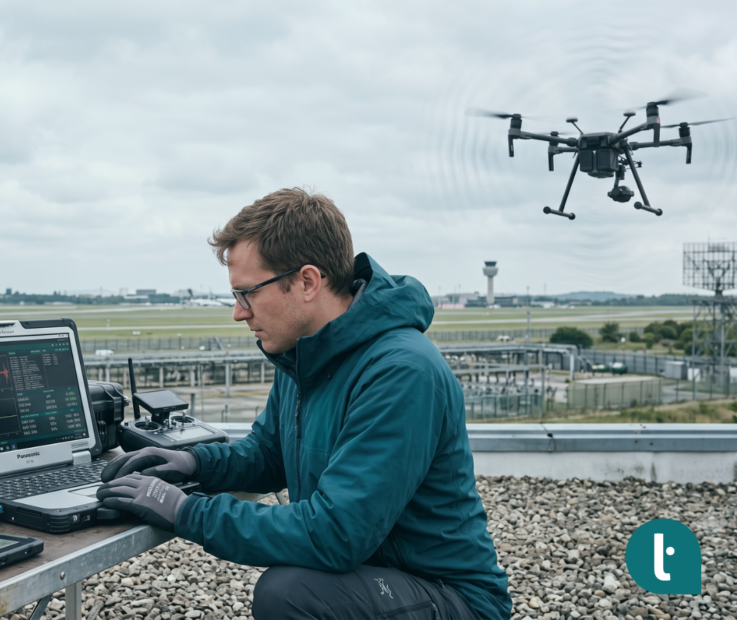 Engineer testing a quadcopter drone with real-time telemetry and navigation diagnostics near airport infrastructure, illustrating reliable embedded software for GPS interference resilience.