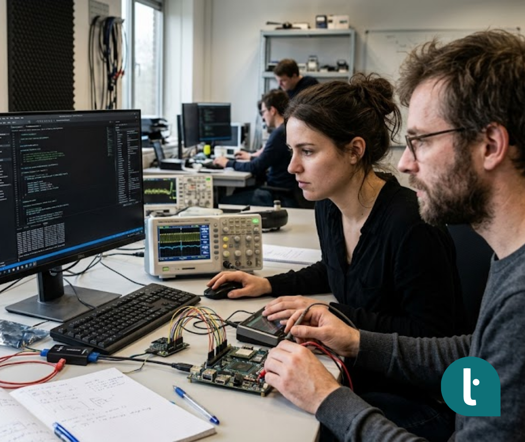 Embedded software engineers validating a drone flight controller to ensure reliable navigation and data integrity under GPS interference conditions.