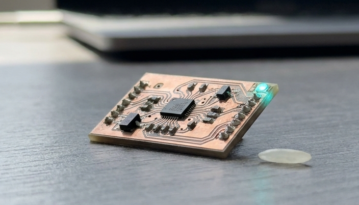 eXtremeDB 9.0 Edge Client microchip naast muntstuk, voorbeeld van database in 8 KB voor IoT-apparaten