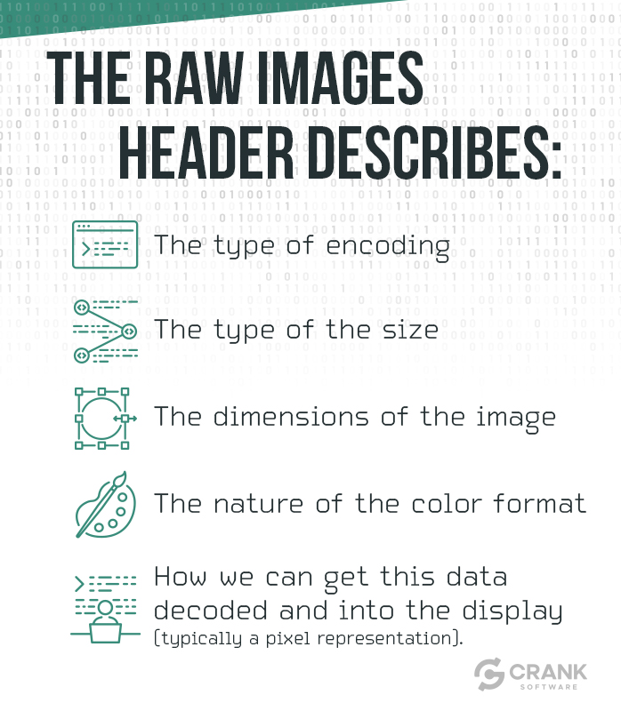 The raw images header describes-bulleted list-The type of encoding-The type of the size-The dimensions of the image-The nature of the color format-How we can get this data de