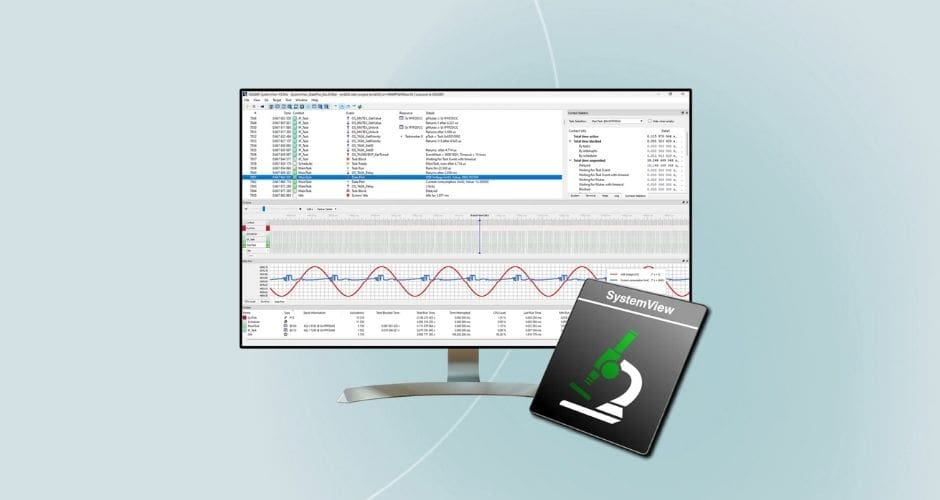 Screenshot of SEGGER SystemView interface showing real-time task execution and event tracing in an embedded system
