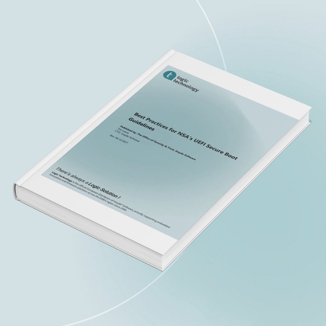 Mock-up of the free PDF “Best Practices for NSA’s UEFI Secure Boot Guidelines” by Insyde Software, available from Logic Technology, highlighting firmware security and UEFI Secure Boot best practices.