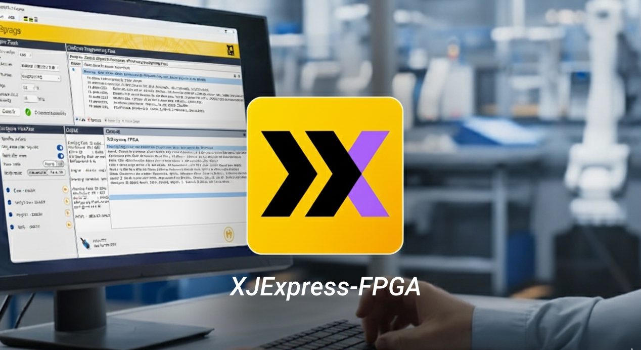 High-impact product photo of the XJTAG XJExpress-FPGA boundary scan controller, featuring its compact size, connectors, and industrial design. The device is shown at an angle on a light grey background, with the XJTAG logo in the bottom-right corner.