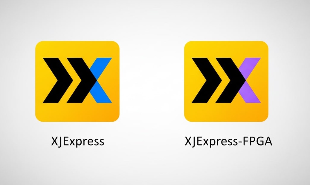 Logo comparison of the XJTAG XJExpress (blue 'X') and the XJTAG XJExpress-FPGA (purple 'X'), highlighting the visual branding difference between the two product variants.