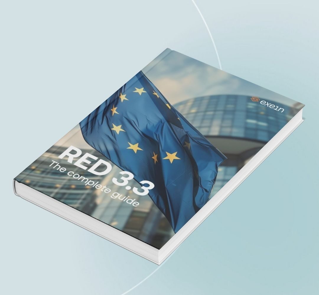 e-book-red-exein Mock-up of the Exein RED 3.3 Guide cover showing the EU flag and modern office buildings — representing compliance with the new European Radio Equipment Directive for embedded and IoT cybersecurity.