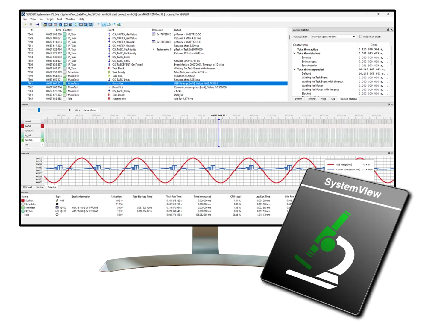 SEGGER SystemView tool visualizing real-time embedded system performance, task execution, and event tracing for developers.