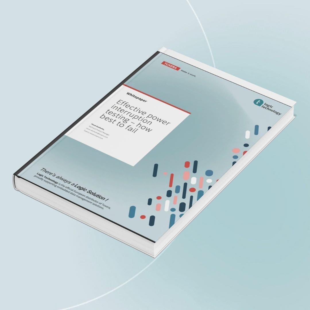 Mock-up of the free Tuxera whitepaper “Effective power interruption testing – how best to fail,” showing the cover design and title.