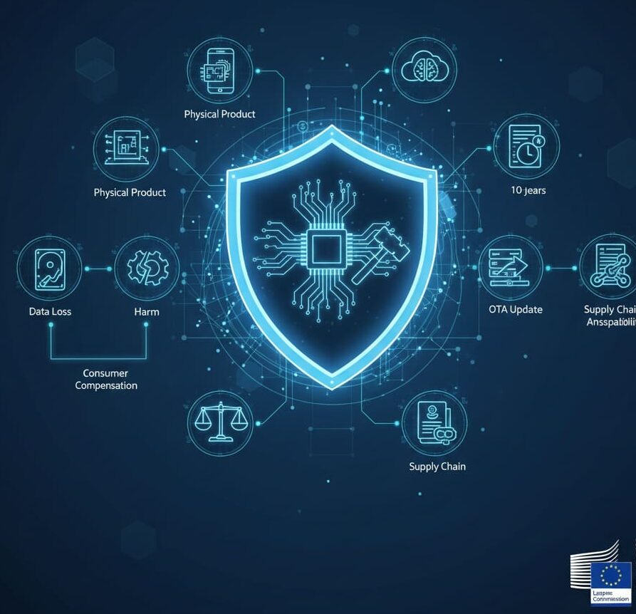 Infographic showing the impact of the EU Product Liability Directive on software, including AI decision making, strict liability, and supply chain accountability of Logic Technology in Netherlands and Belgium (benelux).