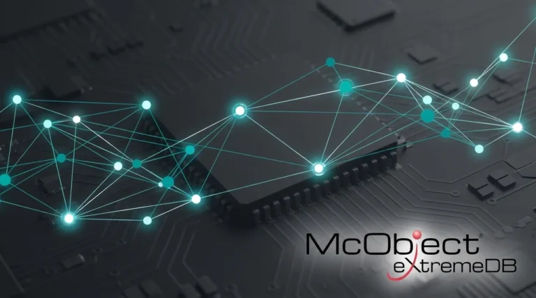 eXtremeDB 9.0 embedded database visualisatie met verbonden datapunten op microchip, McObject logo